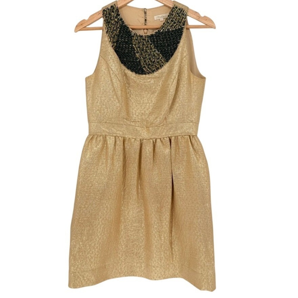 Shoshanna Gold Metallic Beaded Fit Flare Silk Dress Womens Size 4 Luxe Glam